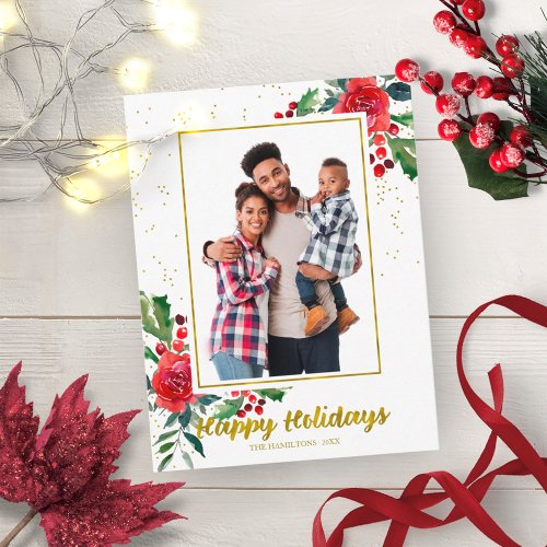 Happy Holidays Red Flowers Christmas Photo Postcard