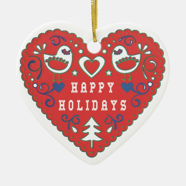 Happy Holidays Red Folk Art Heart Ceramic Ornament (Front)