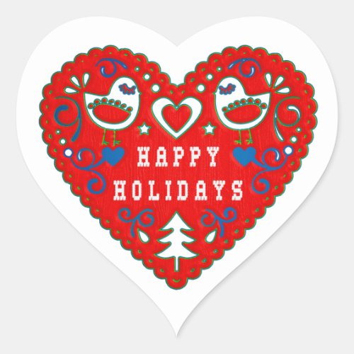 Happy Holidays Red Folk Art Heart Heart Sticker