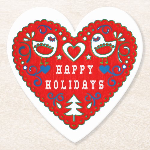 Happy Holidays Red Folk Art Heart Paper Coaster