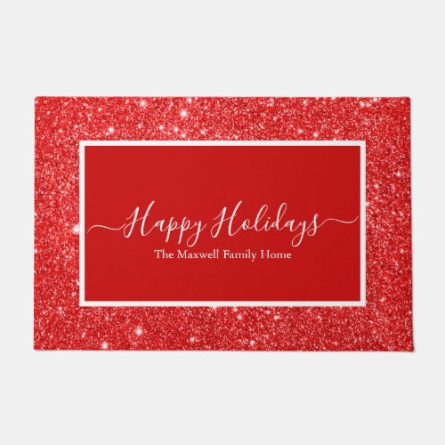 Happy Holidays red glitter family name  Doormat