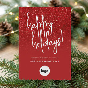 Happy Holidays Red Glitter Modern Minimal Business Holiday Card