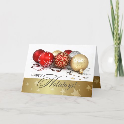 Happy Holidays Red Gold Baubles Holiday Card