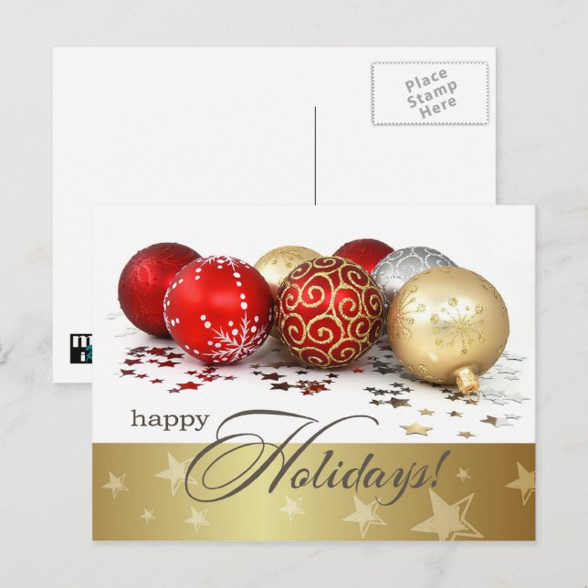 Happy Holidays. Red Gold Baubles Holiday Postcard (Front/Back)