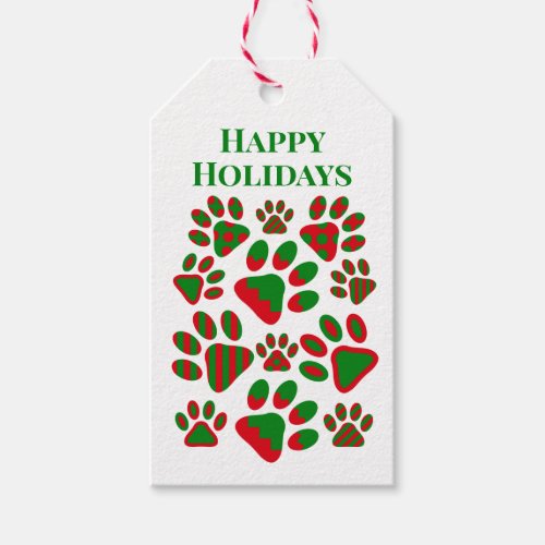 Happy Holidays Red Green Patterned Paw Prints  Gift Tags