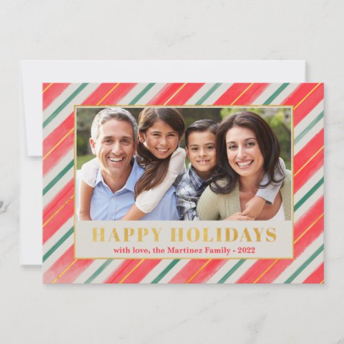 Happy Holidays Red Green Stripe Photo Christmas Holiday Card