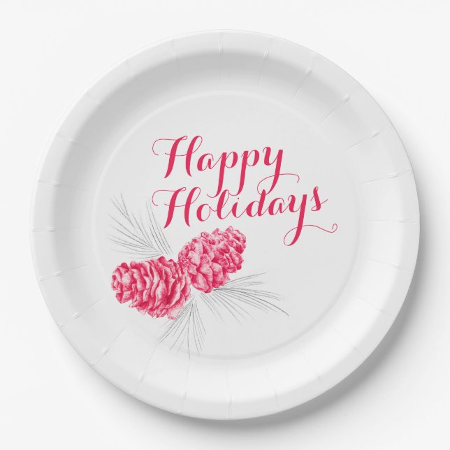 Happy holidays red grey cones paper plate (Front)