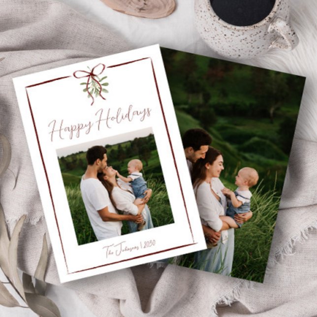 Happy Holidays Red Hand Drawn Bow Winter 2 Photo Invitation (Creator Uploaded)