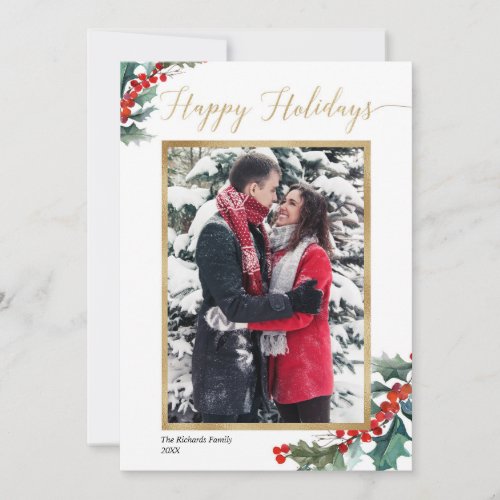 Happy Holidays red holly elegant Christmas card