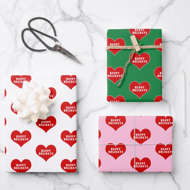 HAPPY HOLIDAYS Red Love Heart Wrapping Paper Sheets (Front)