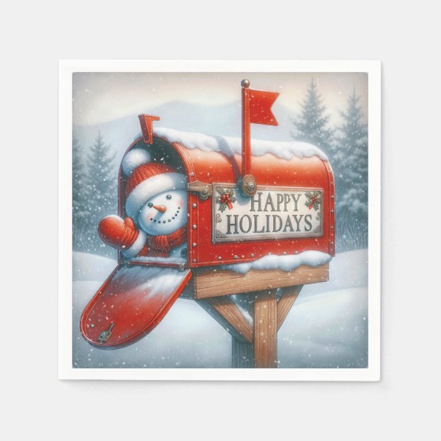 Happy Holidays Red Mailbox With Waving Snowman Napkins (Front)