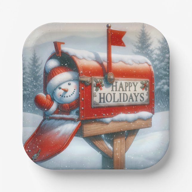Happy Holidays Red Mailbox With Waving Snowman Paper Plates (Front)