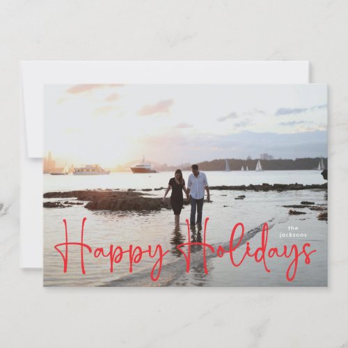 Happy Holidays RED modern Hand Written Photo Holiday Card