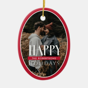 Happy Holidays Red Oval Frame Photo Card Ceramic Ornament