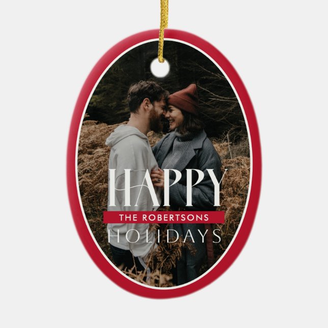 Happy Holidays Red Oval Frame Photo Card Ceramic Ornament (Front)