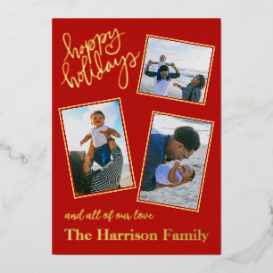 Happy Holidays Red Personalized 4 Photo Gold Foil Holiday Card
