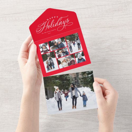 Happy holidays red photo collage unique trifold all in one invitation