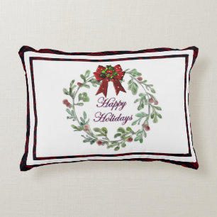 Happy Holidays Red Plaid  Accent Pillow