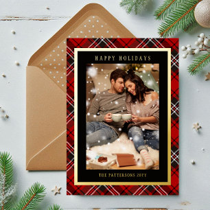 Happy Holidays Red Plaid Tartan Photo Christmas Foil Holiday Card