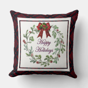 Happy Holidays Red Plaid Throw Pillow