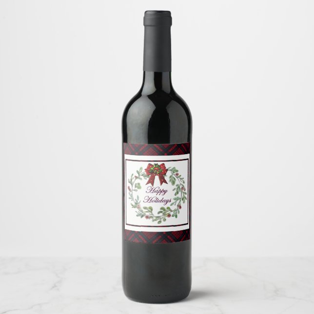 Happy Holidays Red Plaid Wine Label (Front)