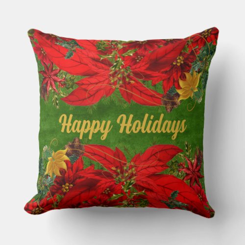 Happy Holidays Red Poinsettia Christmas Throw Pillow