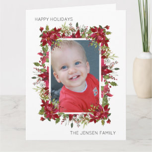 Happy Holidays Red Poinsettias Greenery White Card