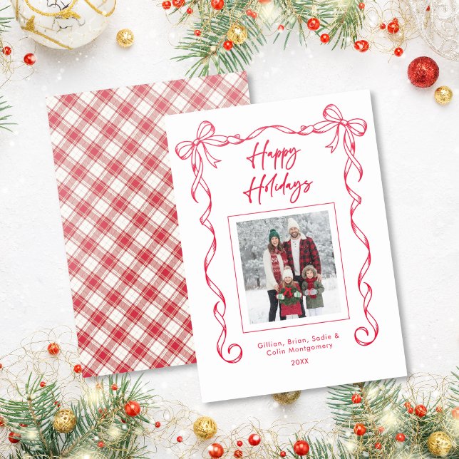 Happy Holidays Red Ribbon Bow Plaid Letterpress Photo Cards (Happy Holidays Red Ribbon Bow Plaid Letterpress Photo Cards)
