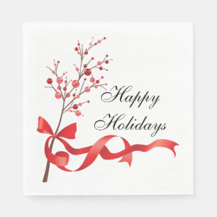 Happy Holidays Red Ribbon Christmas Napkins