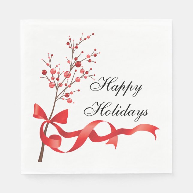 Happy Holidays Red Ribbon | Christmas Napkins (Front)