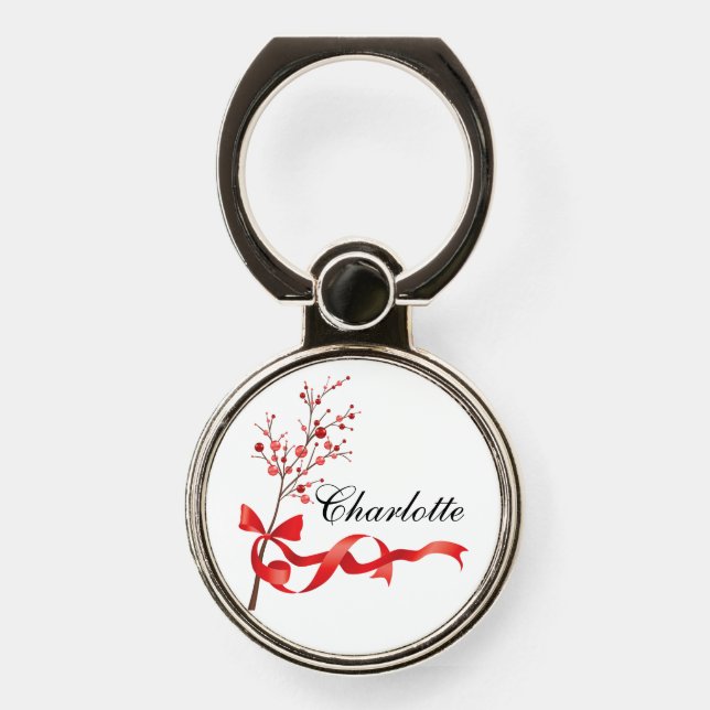 Happy Holidays Red Ribbon | Christmas Phone Ring Stand (Front)