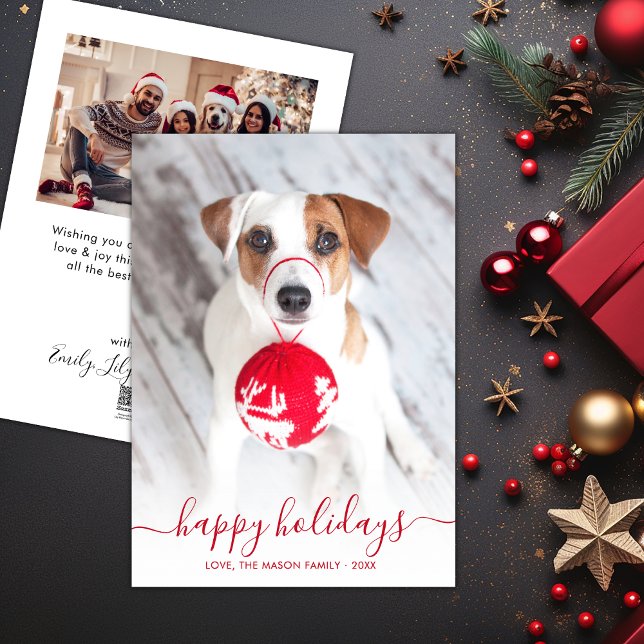 Happy Holidays Red Script 2 Photo Christmas  Holiday Card (Creator Uploaded)