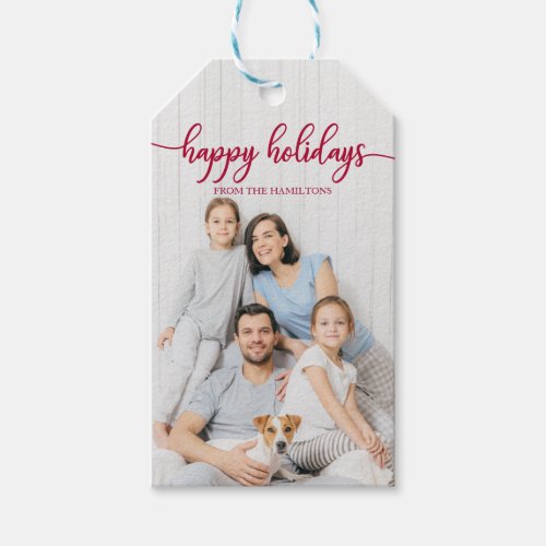 Happy Holidays Red Script Custom Photo Christmas Gift Tags