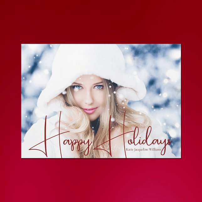 Happy Holidays Red Script Photo Magnet Card (Creator Uploaded)
