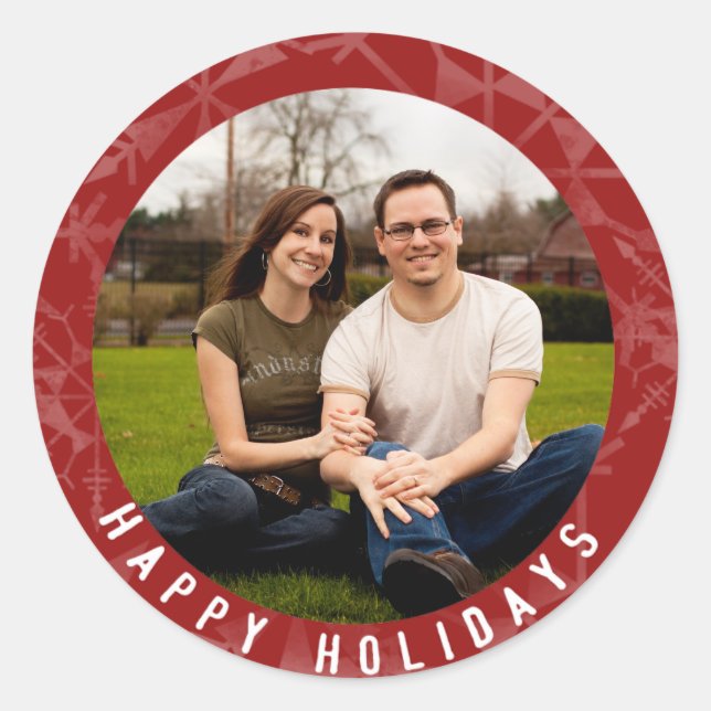 Happy Holidays Red Snowflake Photo Classic Round Sticker (Front)