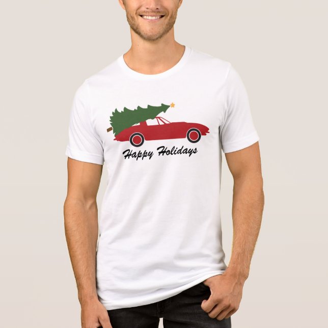 Happy Holidays Red Sports Car Christmas Tree Tri-Blend Shirt (Front)
