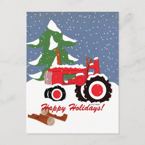 Happy Holidays Red Tractor Holiday Postcard