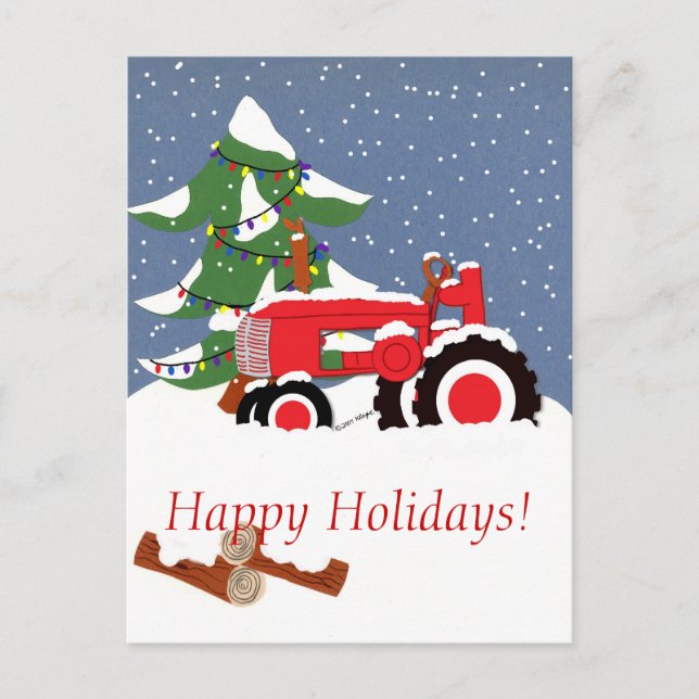 Happy Holidays! Red Tractor Holiday Postcard (Front)