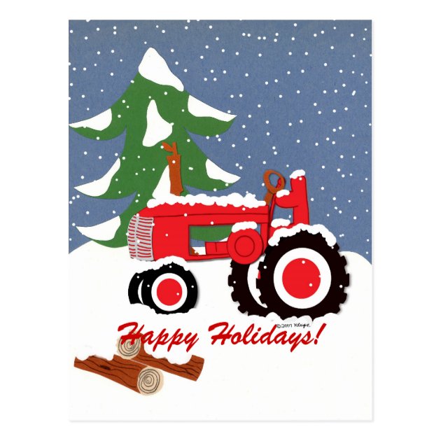 Happy Holidays! Red Tractor Postcard