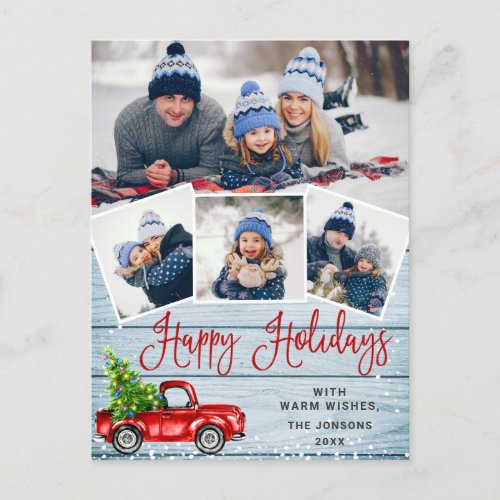 Happy Holidays Red Truck Rustic 4 PHOTO Holiday Postcard