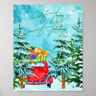 Happy Holidays Red Truck Snowy Trees Poster