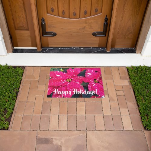 Happy Holidays Red Variegated Poinsettias Doormat