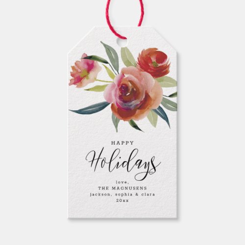 Happy Holidays Red Watercolor Floral Custom Gift Tags