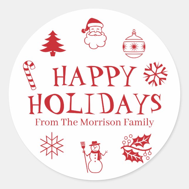 Happy Holidays red white custom name cute favor Classic Round Sticker (Front)