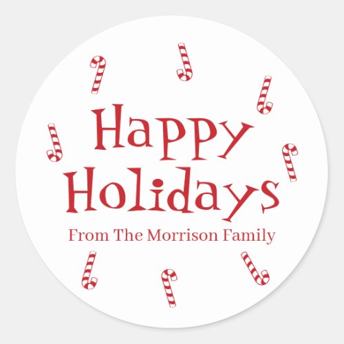 Happy Holidays red white custom name gift favor  Classic Round Sticker