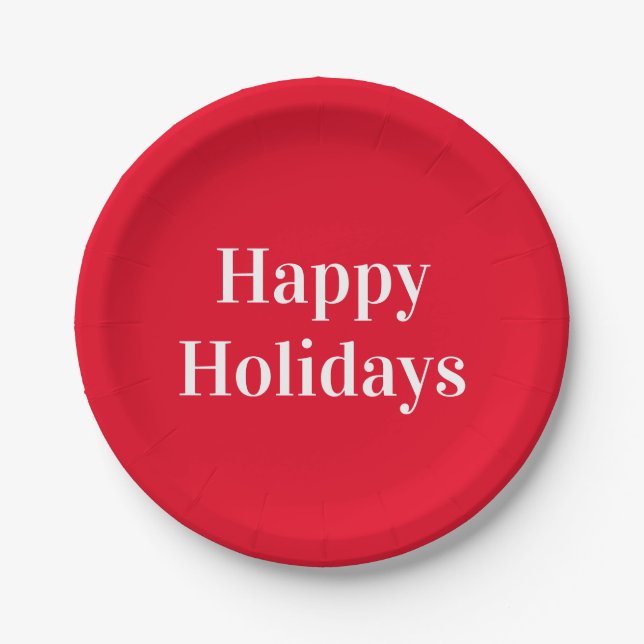 "Happy Holidays" red white Paper Plates (Front)