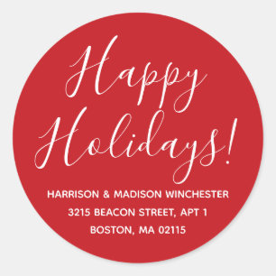 Happy Holidays red white script return address Classic Round Sticker