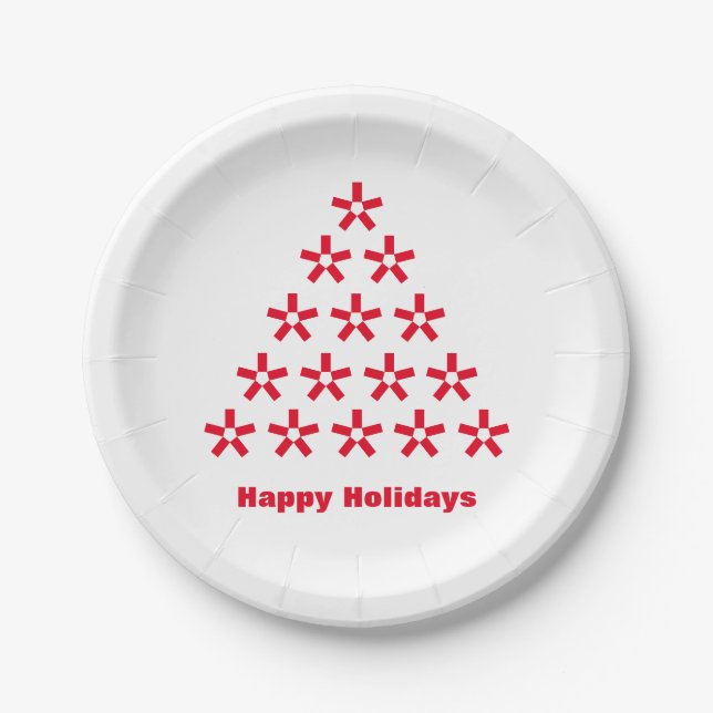 Happy Holidays red white snow Stars Tree Paper Plates (Front)