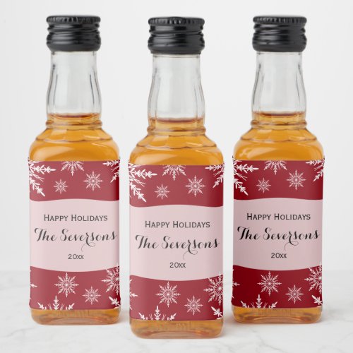 Happy Holidays Red White Snowflakes Liquor Bottle Label