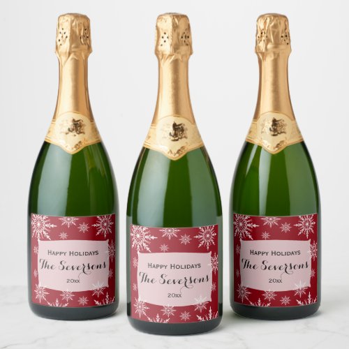 Happy Holidays Red White Snowflakes Sparkling Wine Label